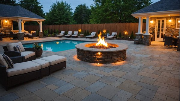 How can you incorporate a fire pit into your UK pool area for enhanced ambiance?